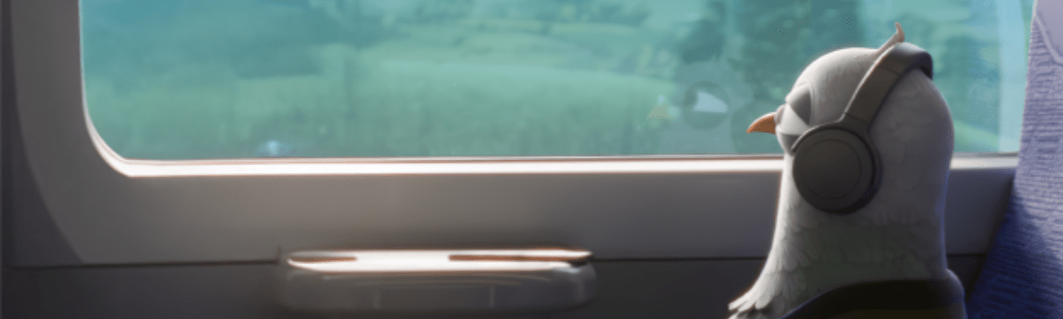 Wes the pigeon is travelling by train and looking out of the window