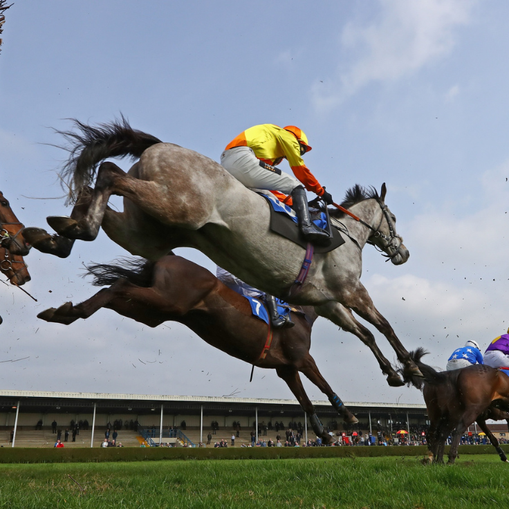 Two people on horses racing on the track at Exeter Racecourse