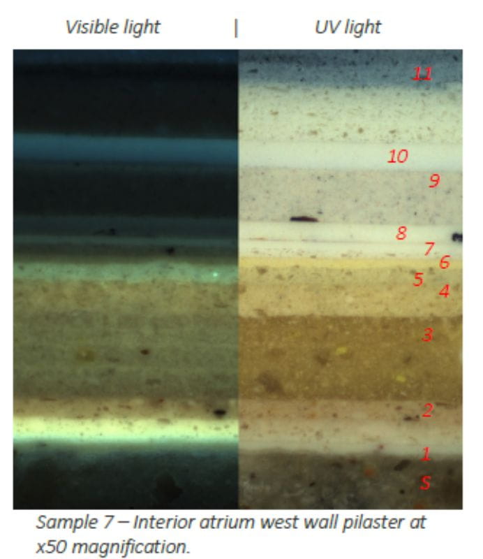 An extract from the paint analysis report from Richmond station showing the layers of paint - South Western Railway