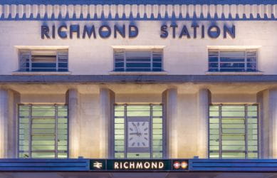 The bronze finish station letters for Richmond station in place on the front of the station - South Western Railway