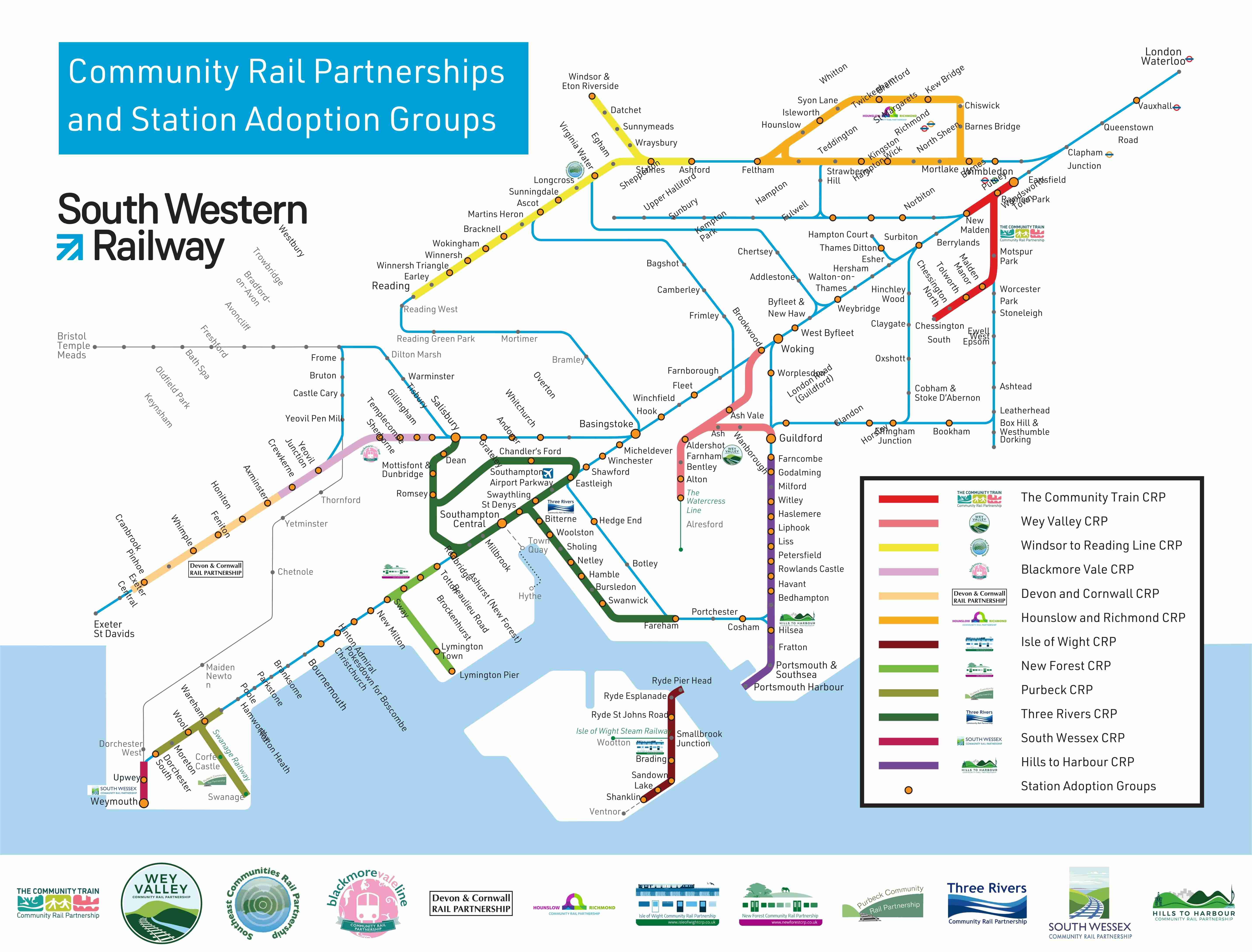 Map of the South Western Railway network and the community rail partners we work with