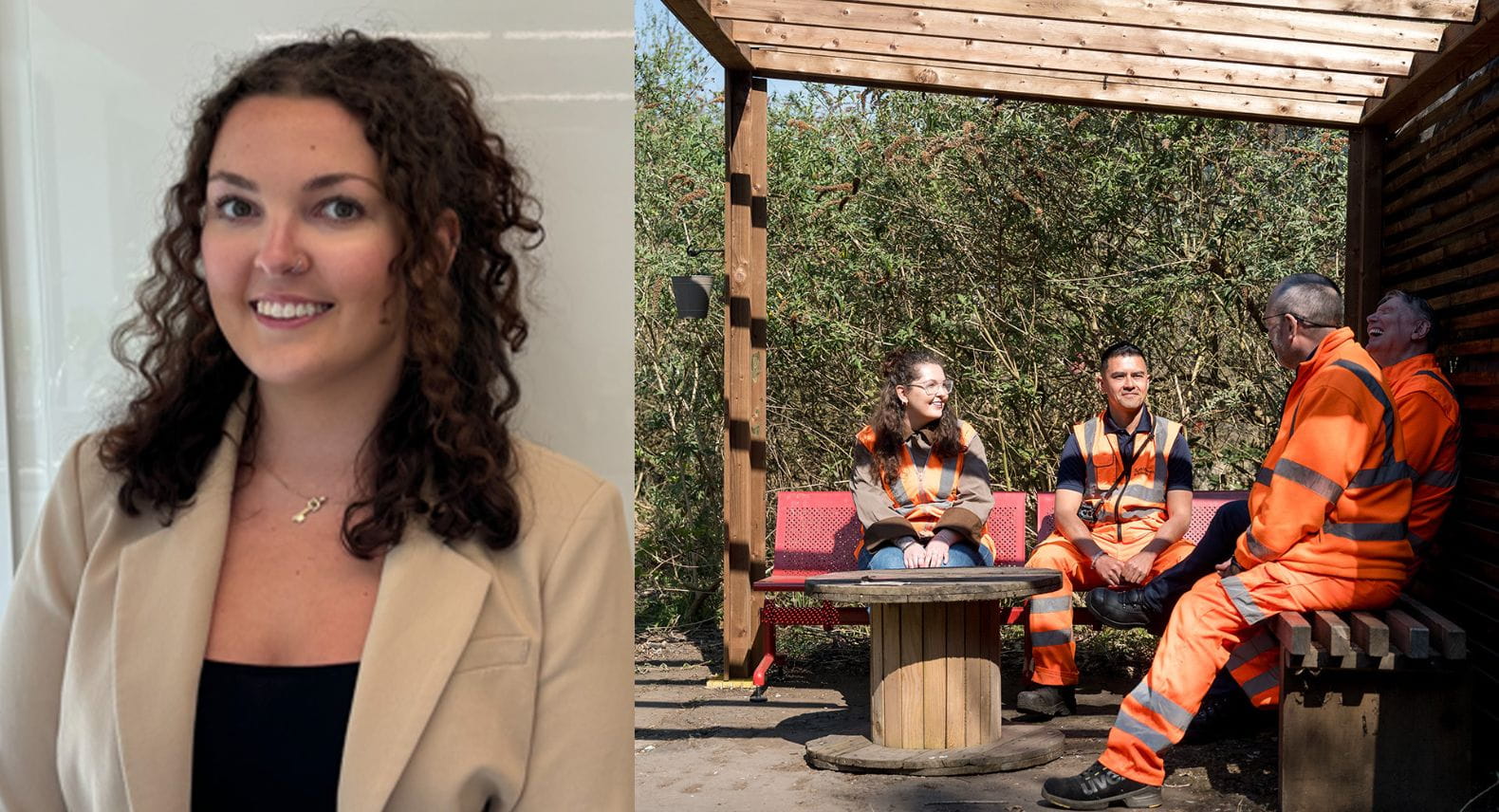 A smiling young lady with curly hair on the left side of the picture. The same lady seated talking to a group of people wearing hi-vis in the sun