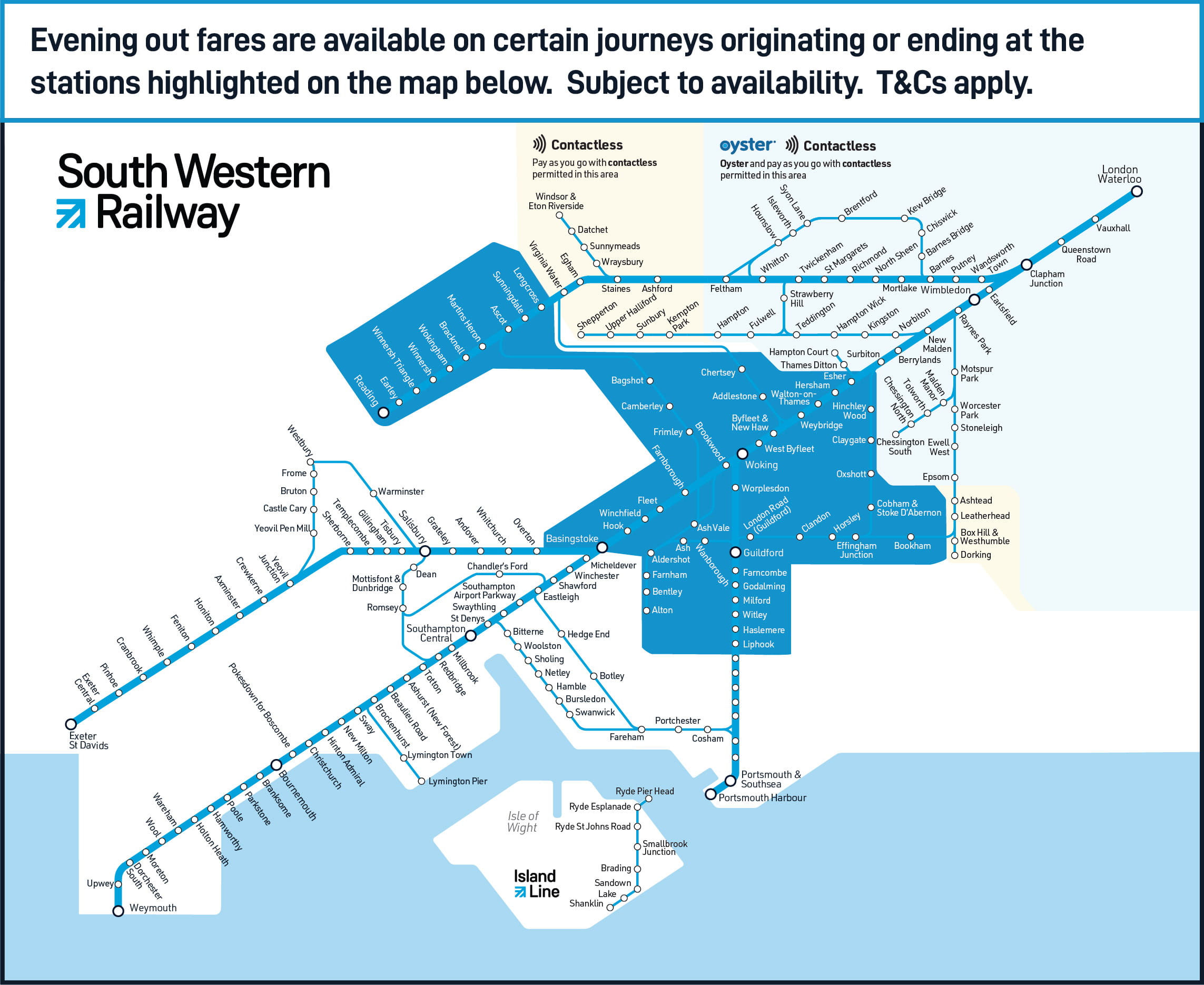 South Western Railway Evenings Out Fares network map