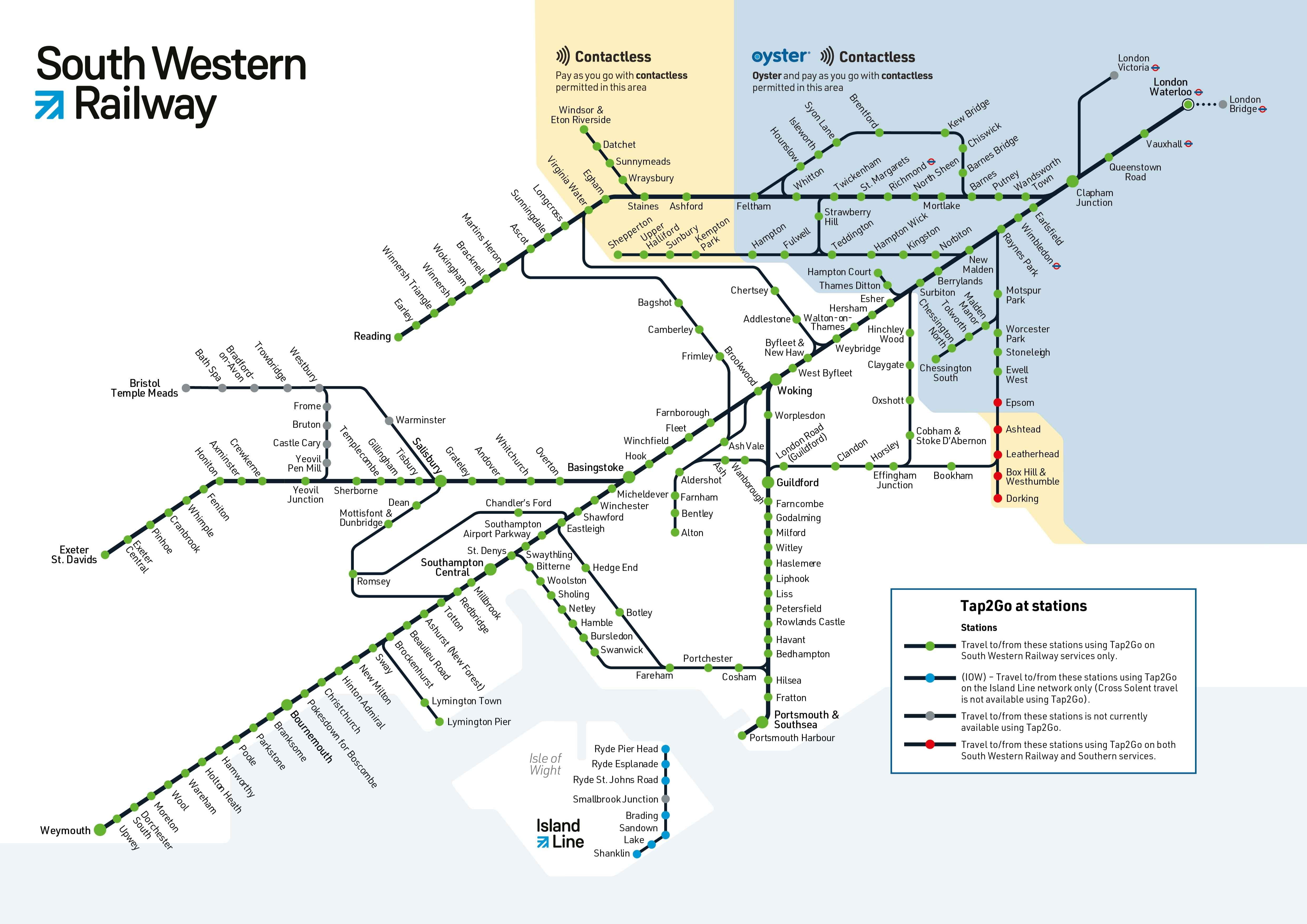 Where can I use Tap2Go on the South Western Railway network map