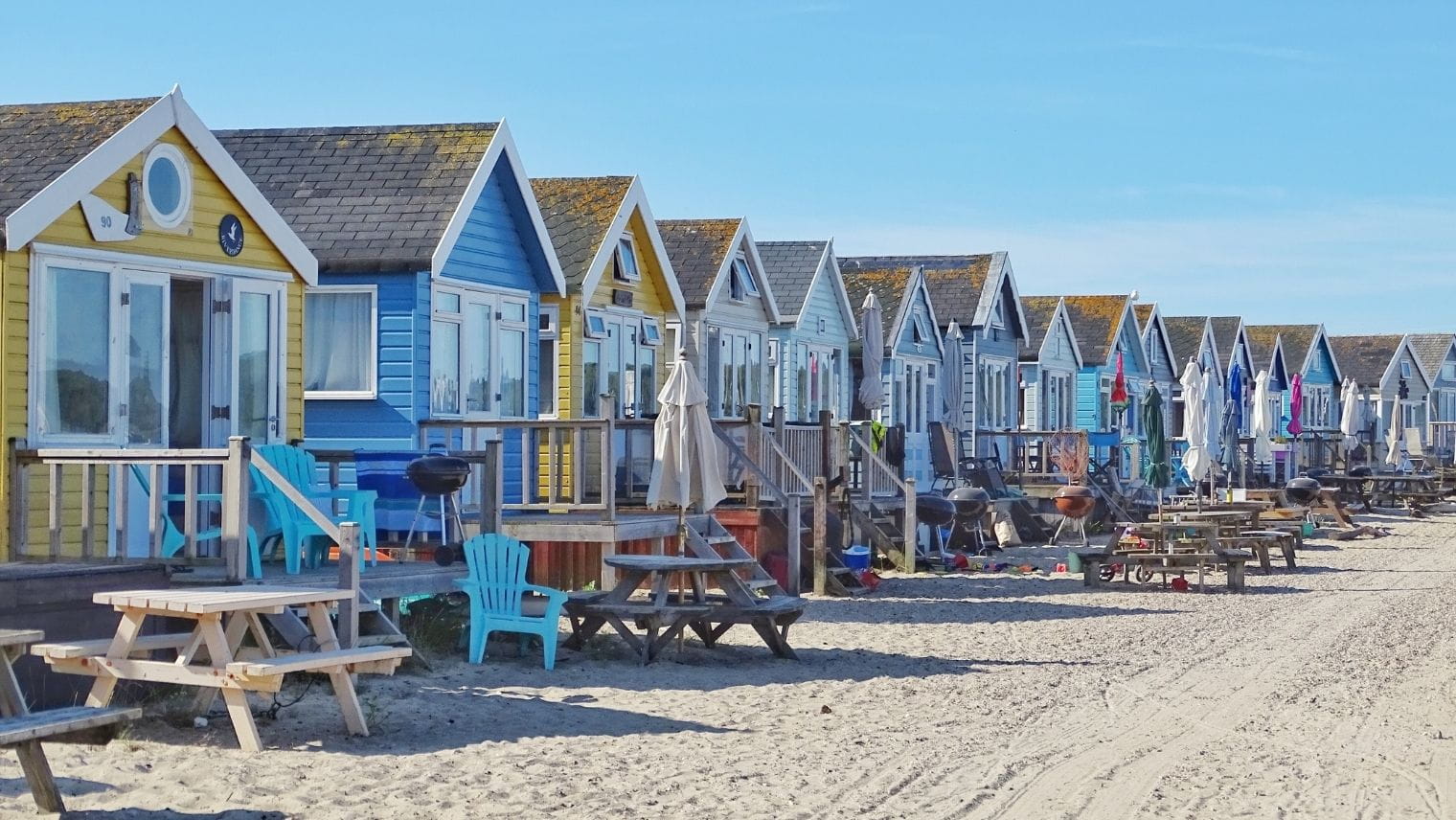 Multicoloured beach huts on one of Bournemouth's beaches