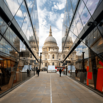 St. Paul’s Cathedral in London framed symmetrically between two modern glass buildings, with its iconic dome centered in the composition. Reflections in the glass enhance the visual depth, while pedestrians walk along the pathway below, highlighting the contrast between historic architecture and contemporary urban design.