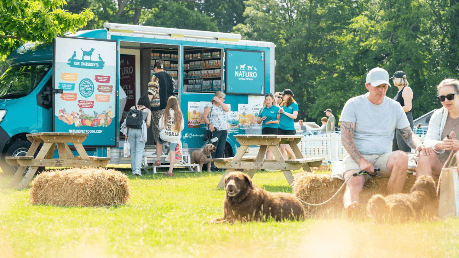 Dogstival picnic area with benches and food truck 
