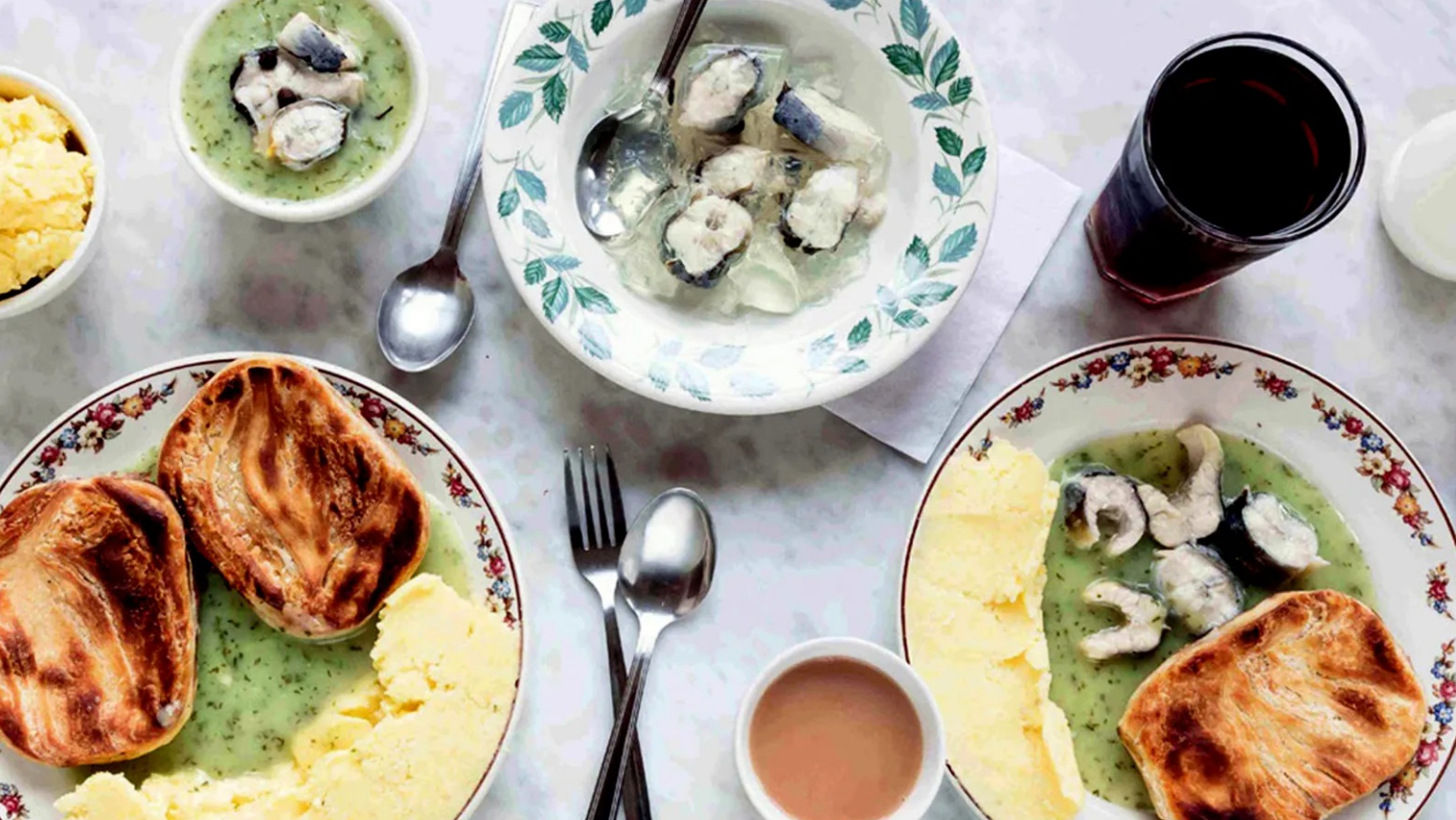 Pie, liquor and jellied eels as served at M Manze