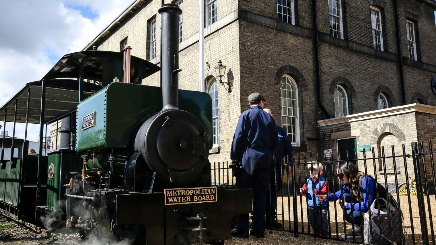 A steam train previously operated by the Metropolitan Water Board at London Museum of Water and Steam