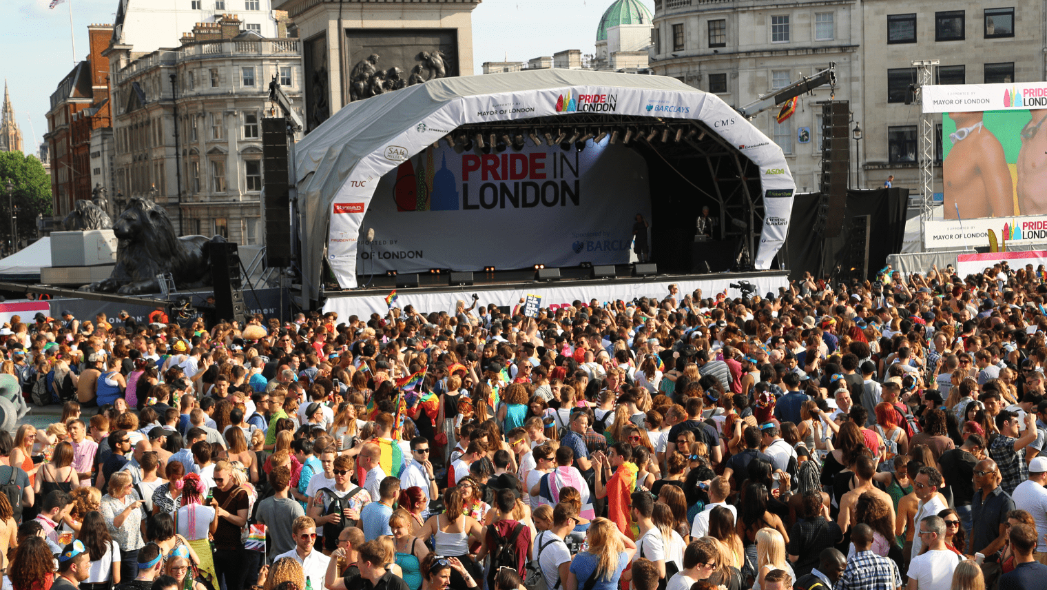 Image of a crowd in front of a stage at London Pride
