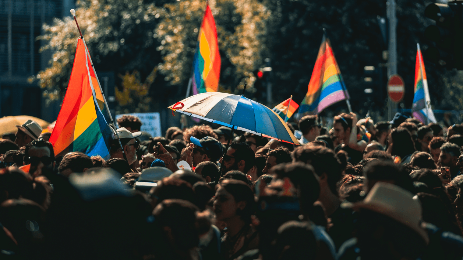 Image of a large crowd at a Pride event with some holding rainbow coloured flags or umbrellas