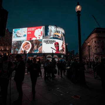 Image of Leicester Square at night time