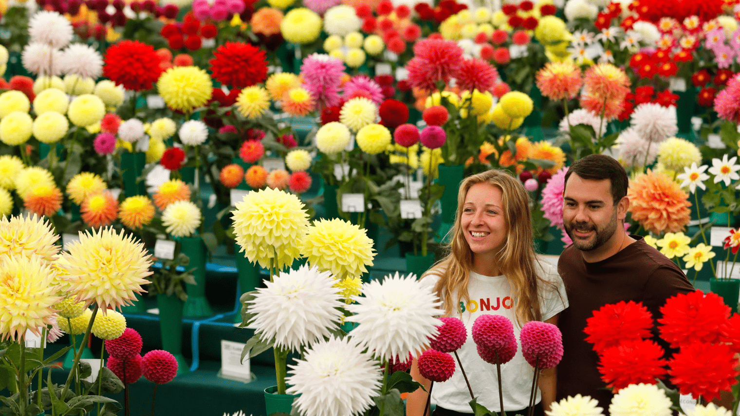 A man and woman admiring flowers 