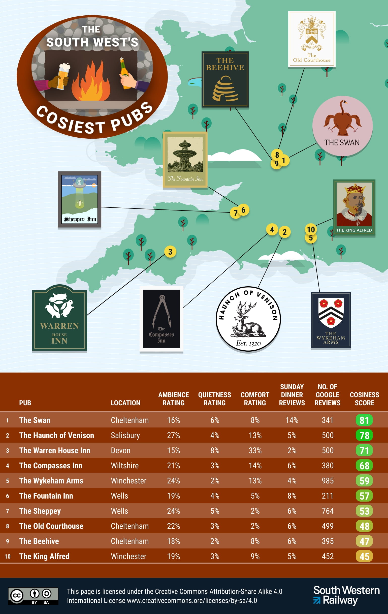 Map of the UKs cosiest pubs