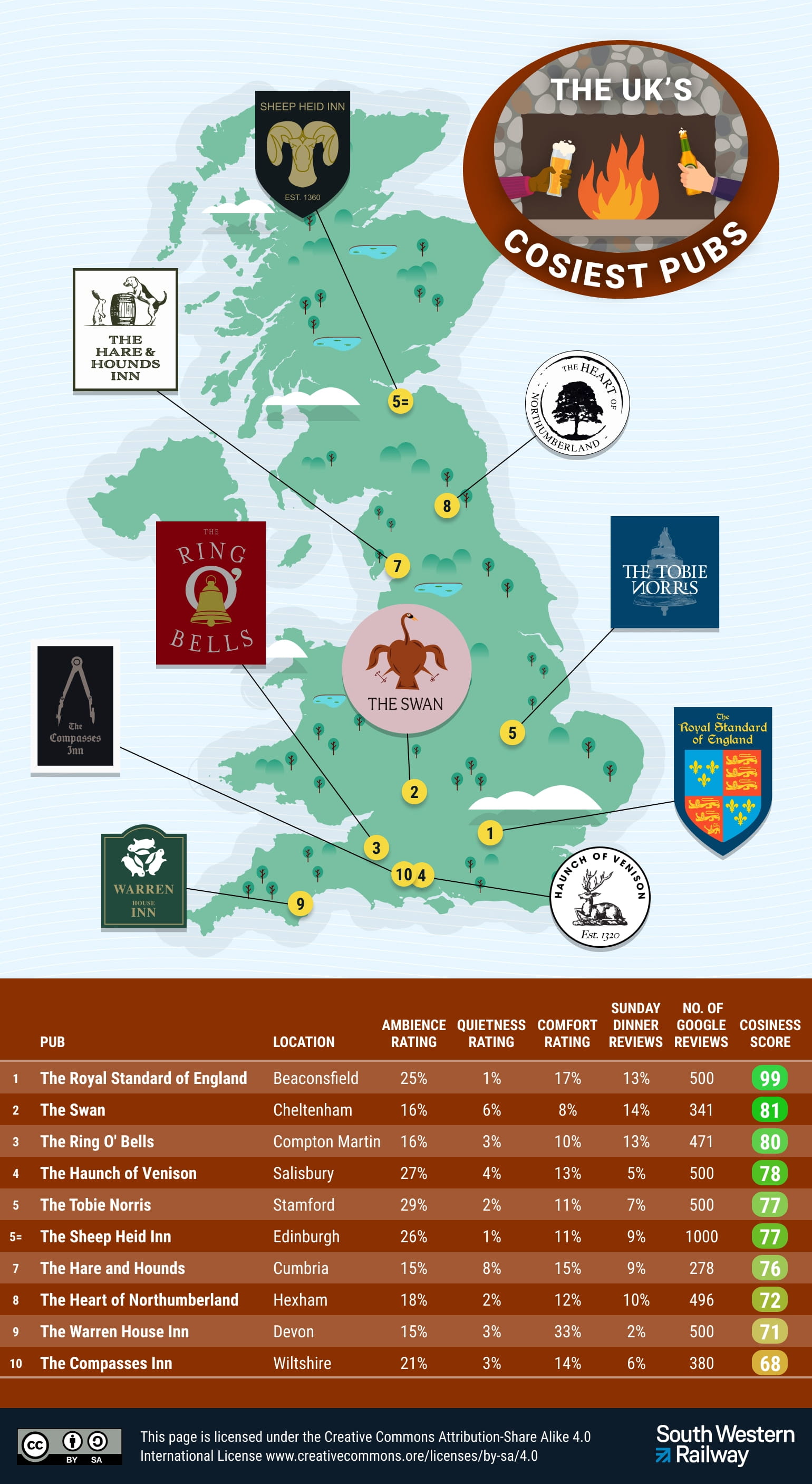 Map of the UK's cosiest pubs