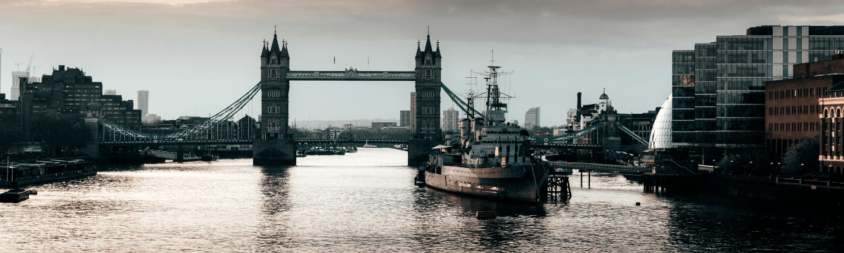 Tower Bridge and HMS Belfast on the Thames at sunset.