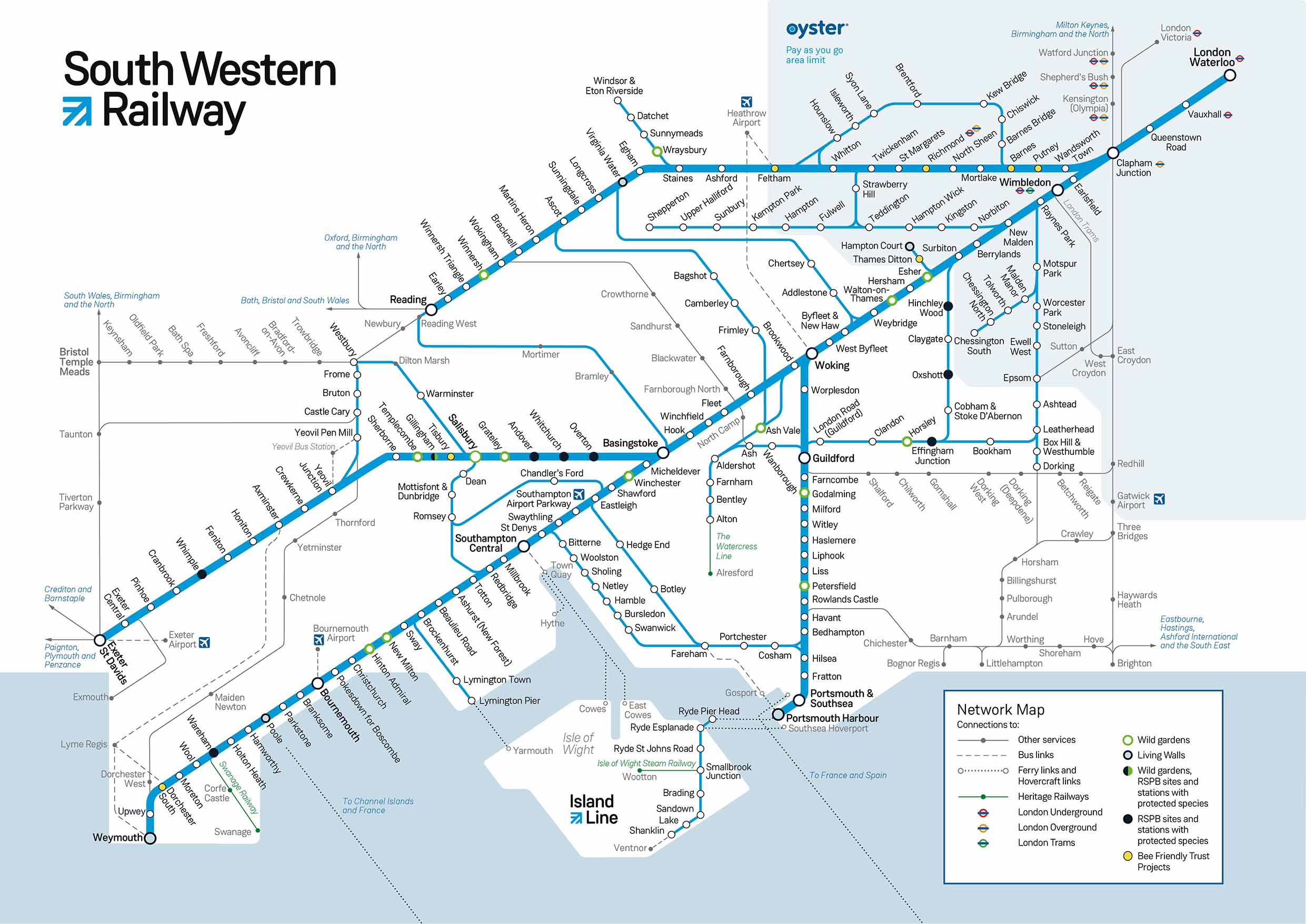 iSpy looking at nature - a map of stations across the South Western Railway network with habitats for local plants, animals and insects to thrive