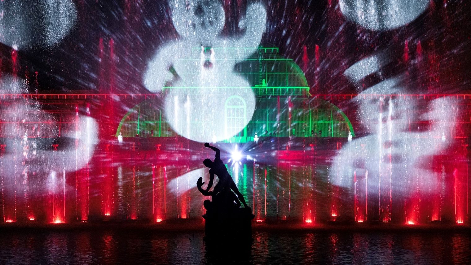 Christmas lights against the Temperate House at Kew Gardens