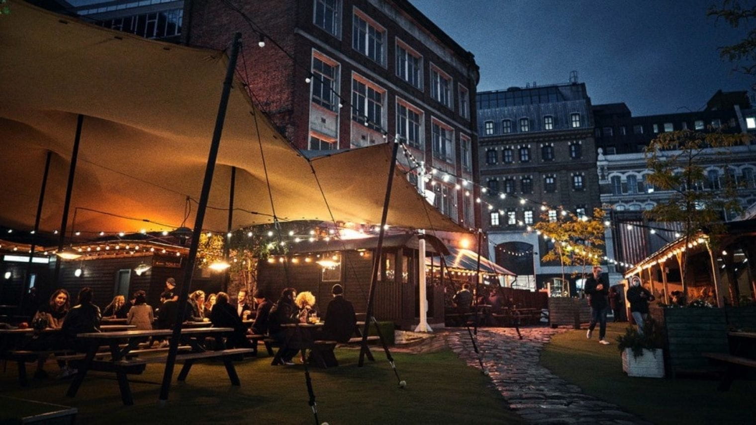 Flat Iron Square's courtyard at night